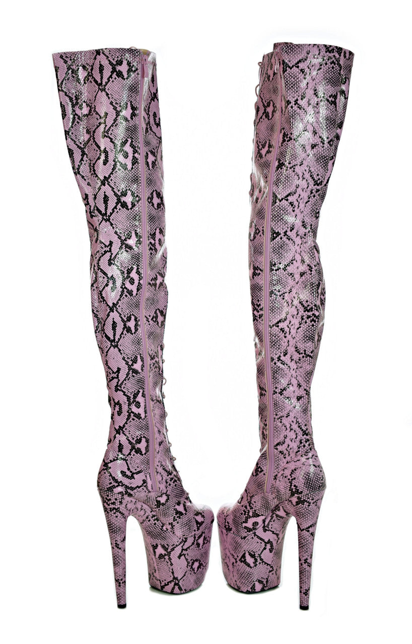 Extreme Thigh High Pink Platform Boot. Vegan Leather. Pink Python