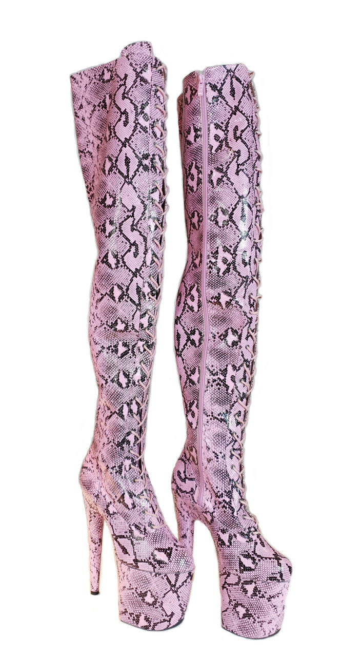 Extreme Thigh High Pink Platform Boot. Vegan Leather. Pink Python