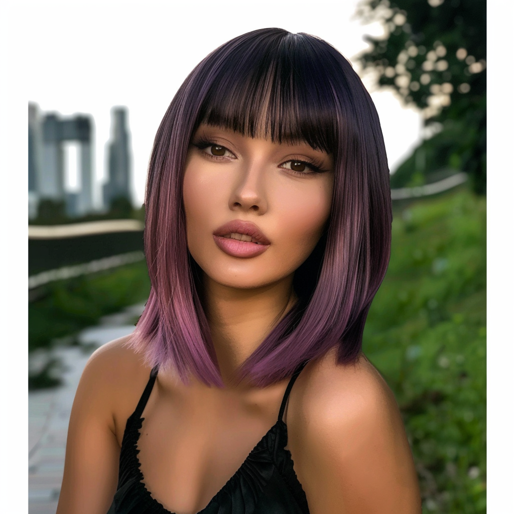 a woman wearing a two tone ombre wig in black and purple