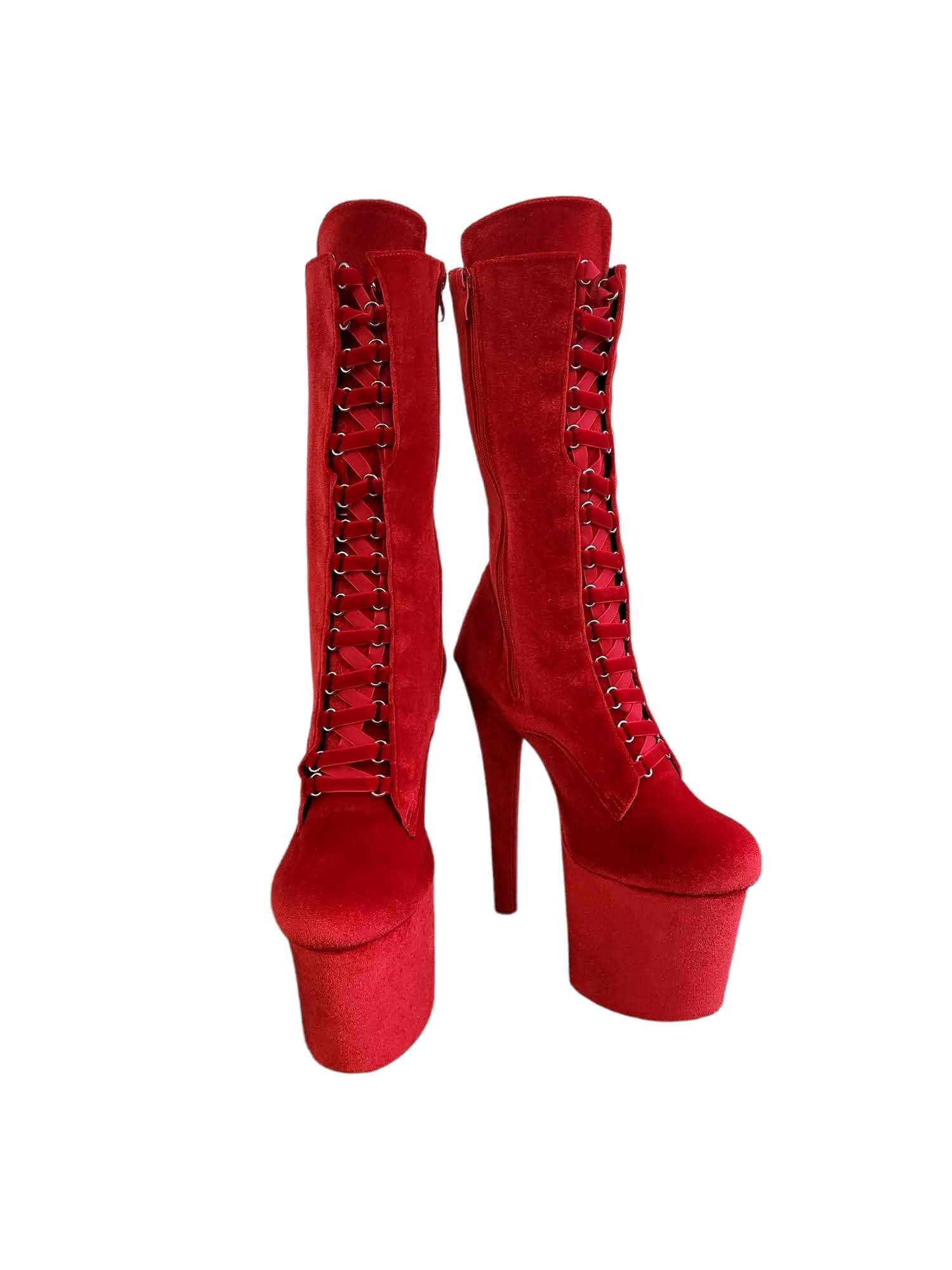 Red velvet thigh high hot sale boots