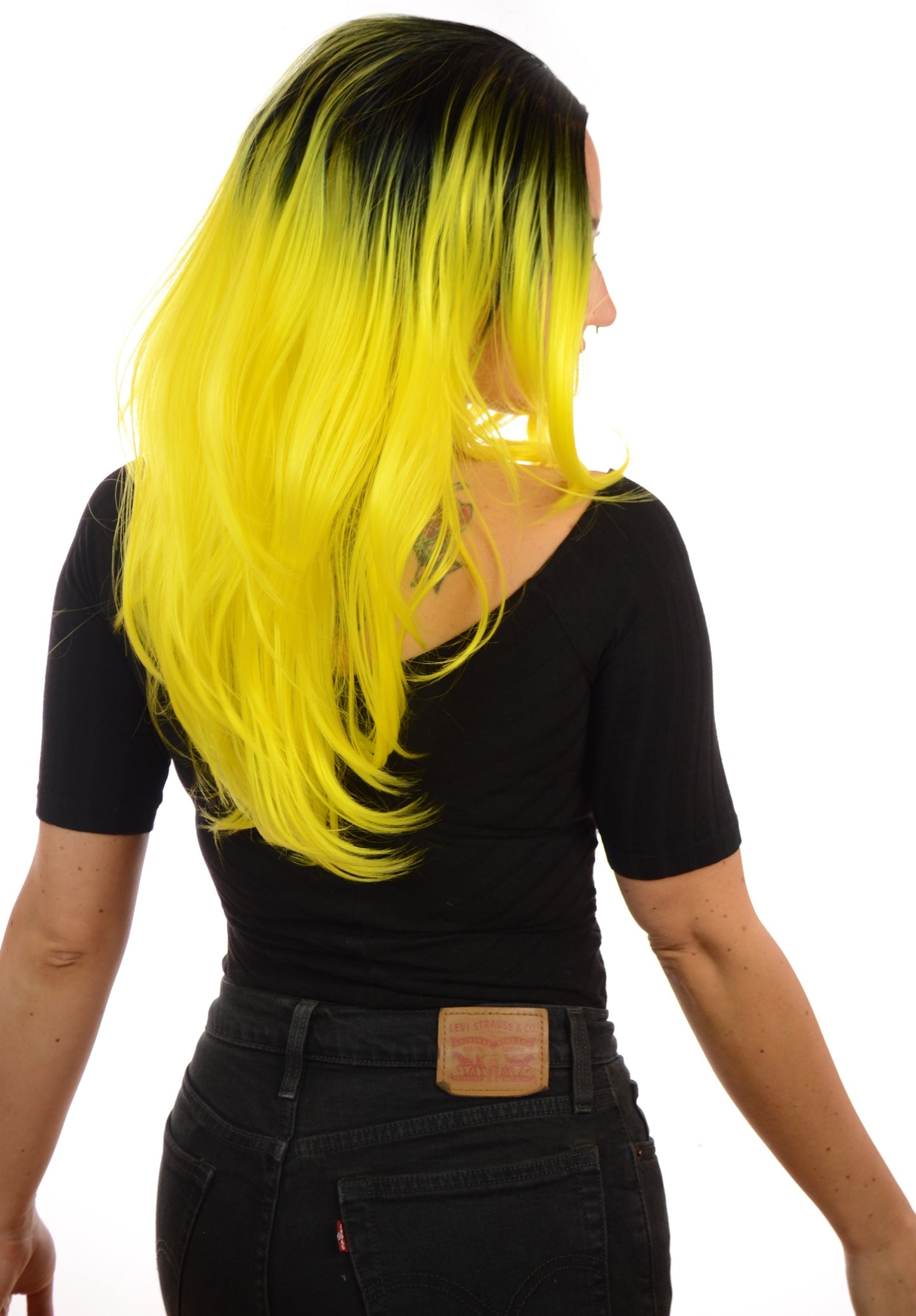 Snooki Long Straight Bright Yellow Wig. Centre Part