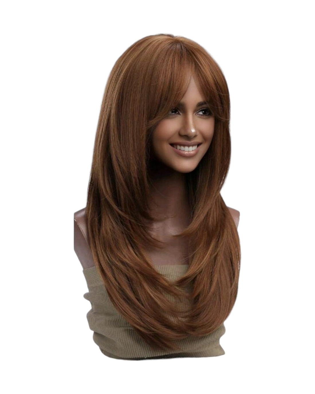 Cinnamon Auburn Brown Straight Layered Long Fringe Bangs Wig. Ally.-CelebWigs