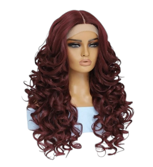 Burgundy Curly Lace Front Wig. Centre Part Wig. Zena