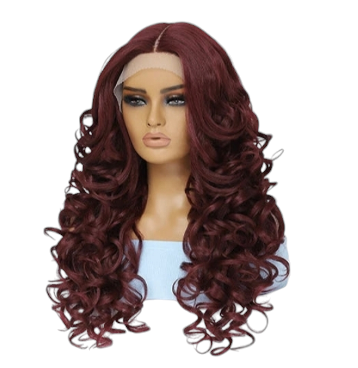 Burgundy Curly Lace Front Wig. Centre Part Wig. Zena