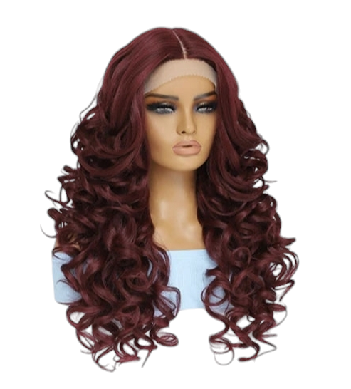 Burgundy Curly Lace Front Wig. Centre Part Wig. Zena