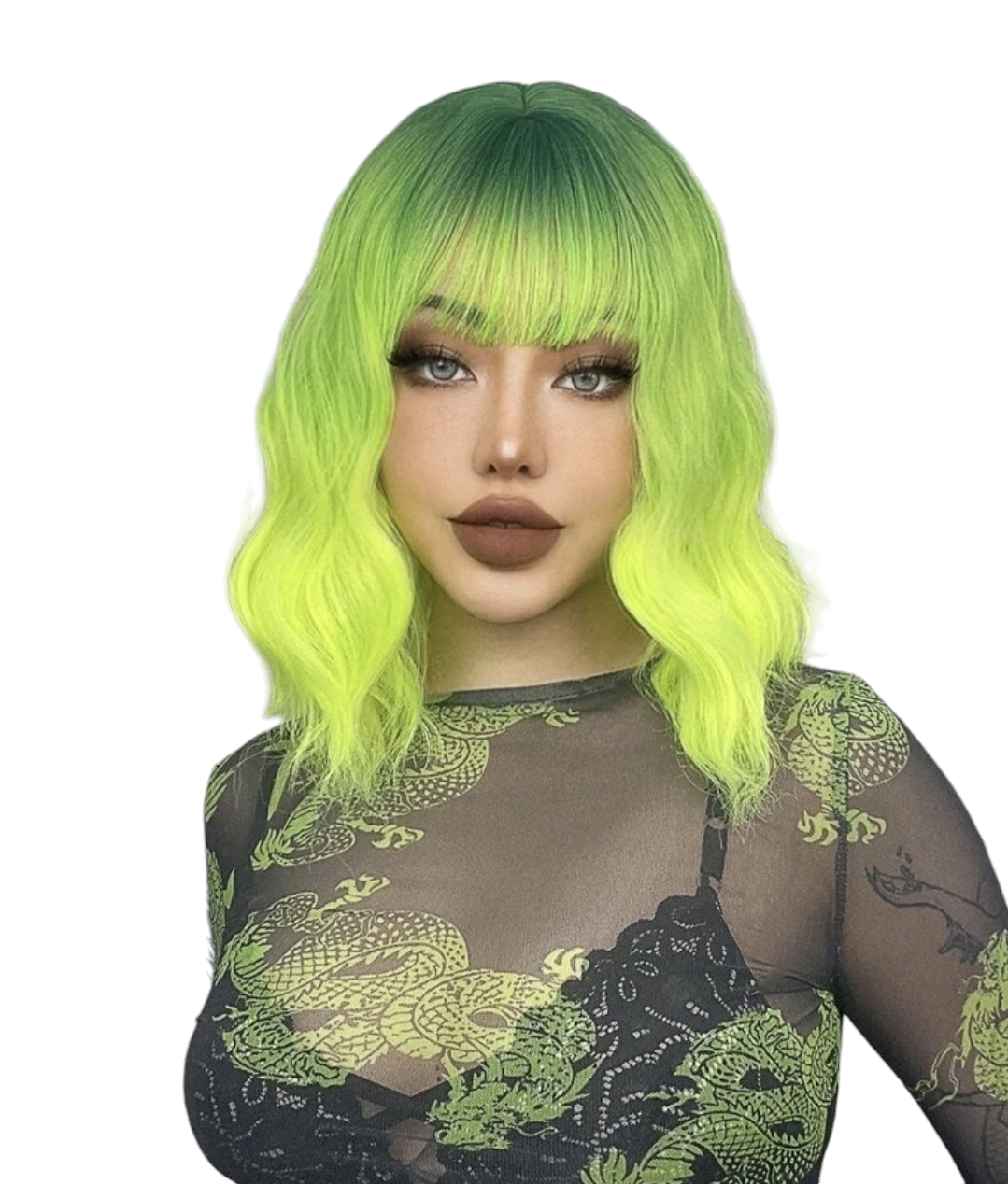 Green Wavy Mid Length Bob Wig