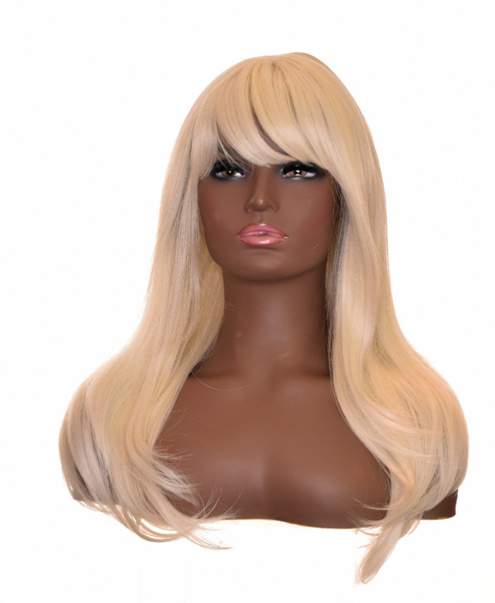 Platinum Blonde Wavy Wig With Bangs. Bardot Wig-CelebWigs