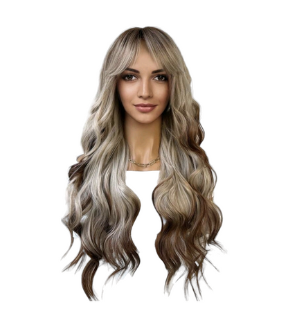 Ash Blonde To Brown Long Wavy Wig. Jocelynne.-CelebWigs