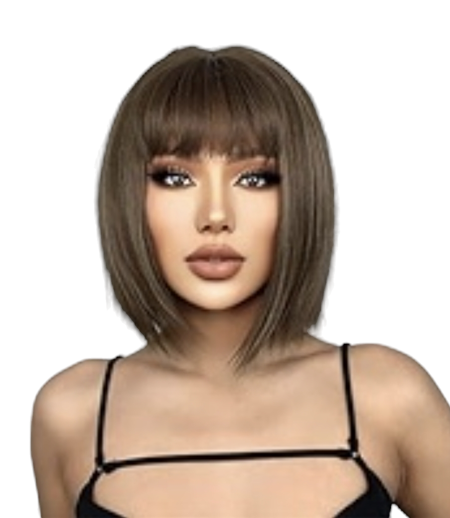 Brown Blonde Streaks Bob Cut Wig Fringe. Katie-CelebWigs