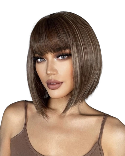 Brown Blonde Streaks Bob Cut Wig Fringe. Katie