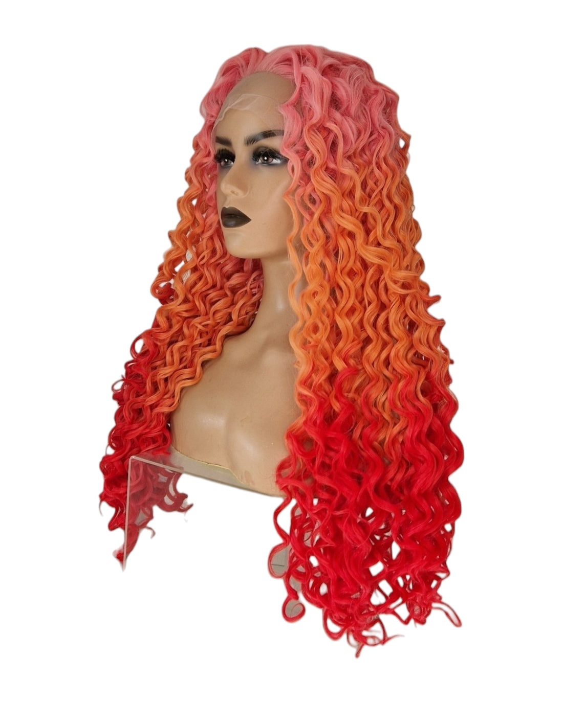 Pink Orange Red Curly Ombre Lace Front Wig. Teeza