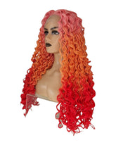 Pink Orange Red Curly Ombre Lace Front Wig. Teeza-CelebWigs