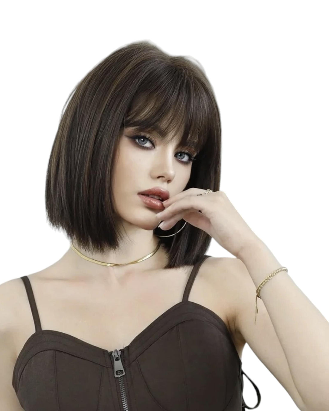 Brunette Bob Wig. Caramel Streaks. Peri