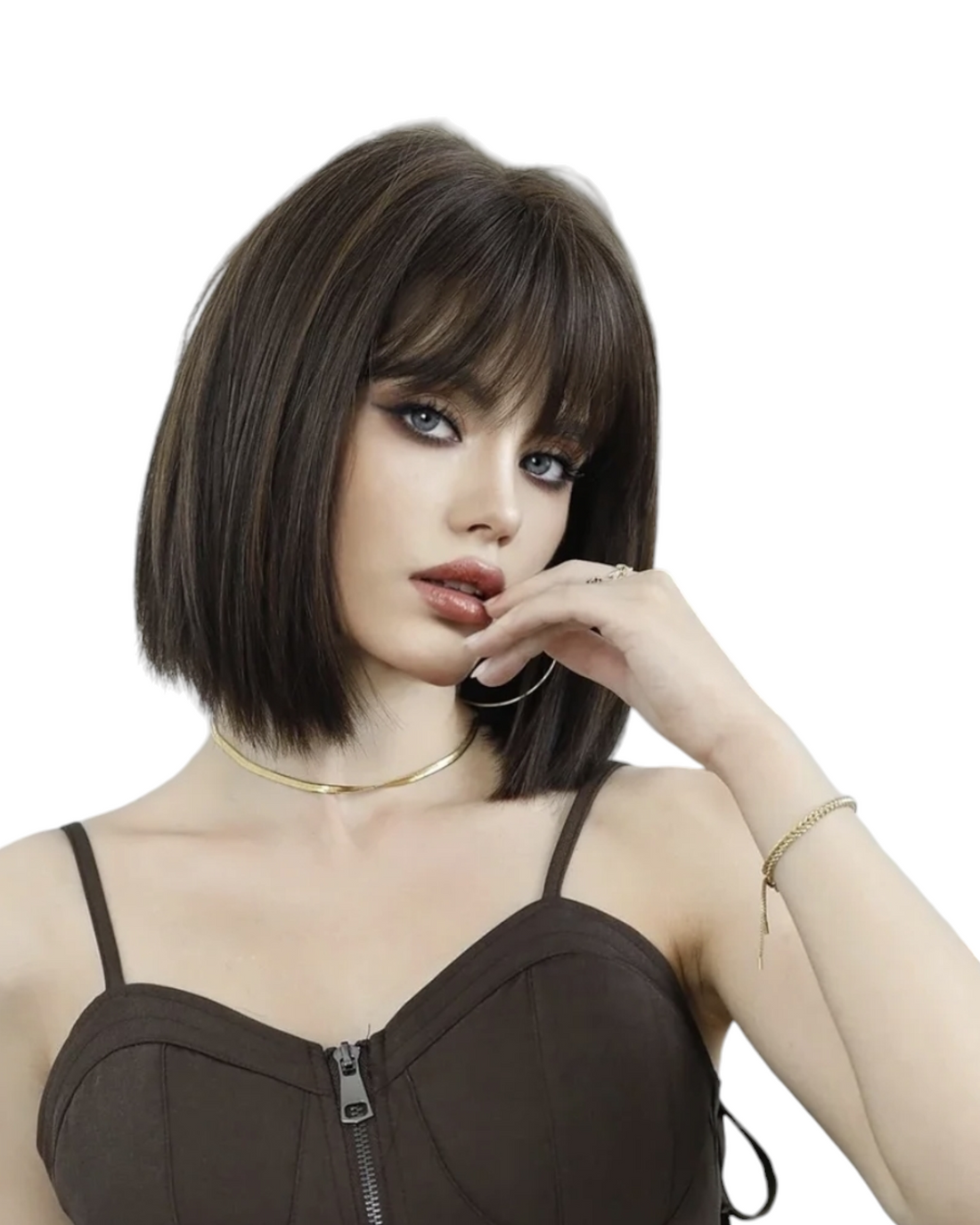 Brunette Bob Wig. Caramel Streaks. Peri-CelebWigs