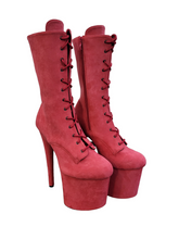 Coral Pink Faux Suede Calf Length Platform Boots-CelebWigs