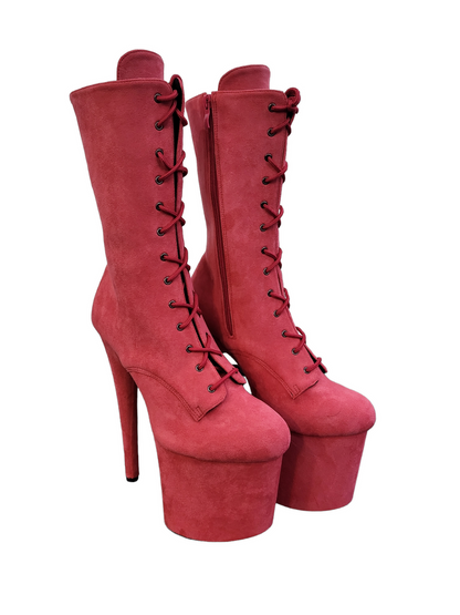 Coral Pink Faux Suede Calf Length Platform Boots-CelebWigs