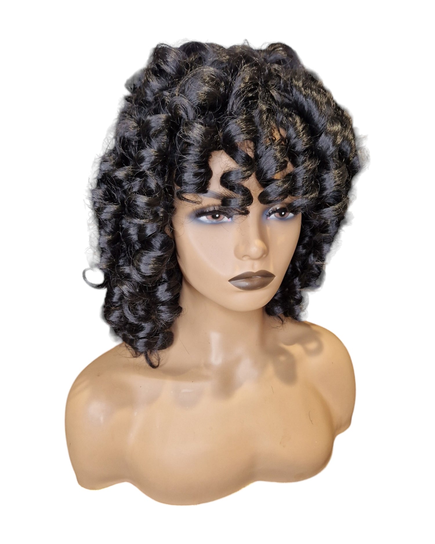 Black Corkscrew Coil Curls Wig. Shareen-CelebWigs