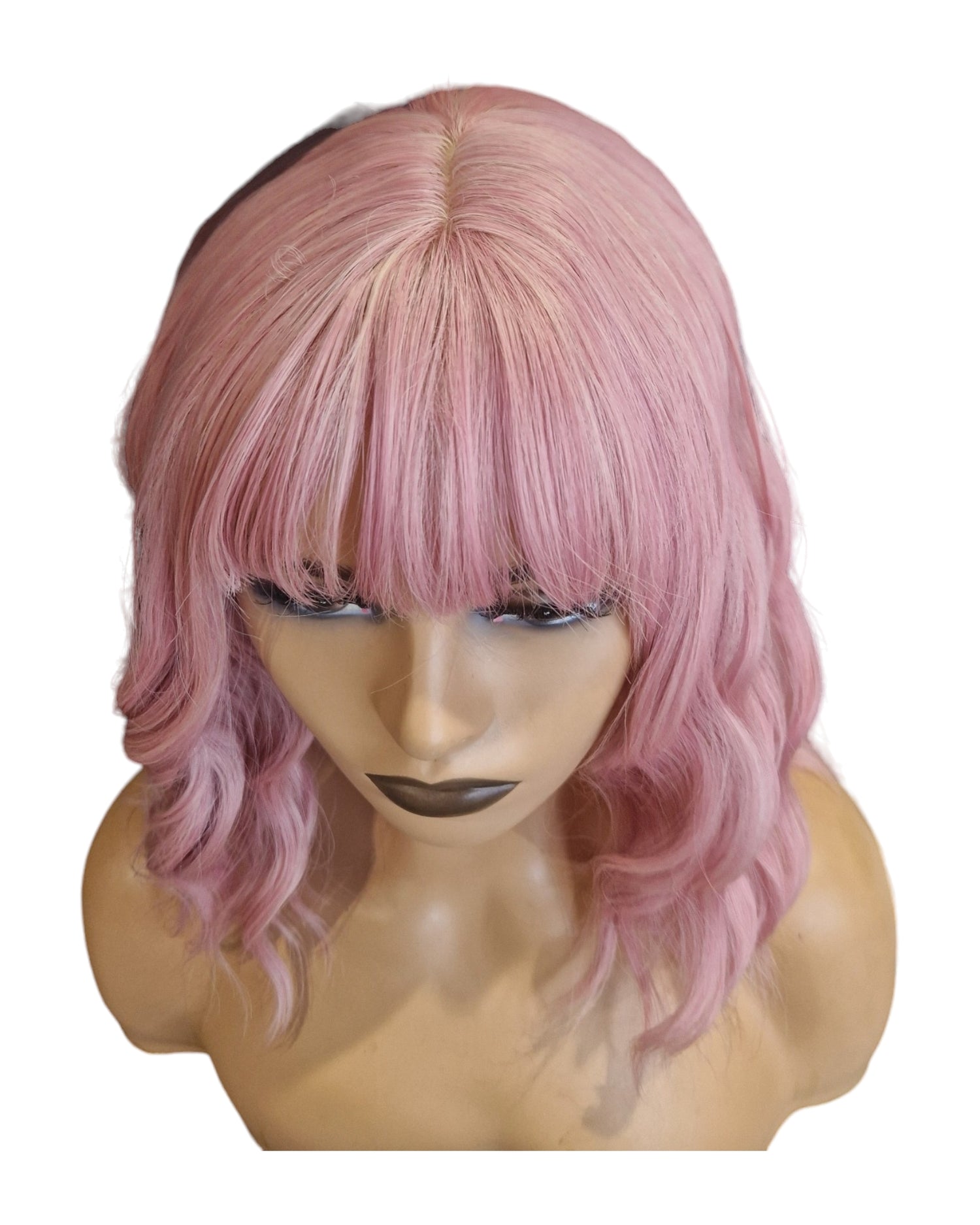 Wavy Pink Fashion Wig With Fringe Bangs. Sherry-CelebWigs