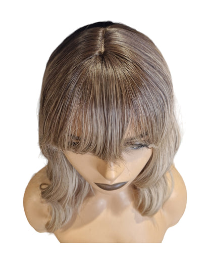 Ash Blonde Textured Wave Wig With Fringe Bangs. Wendi-CelebWigs