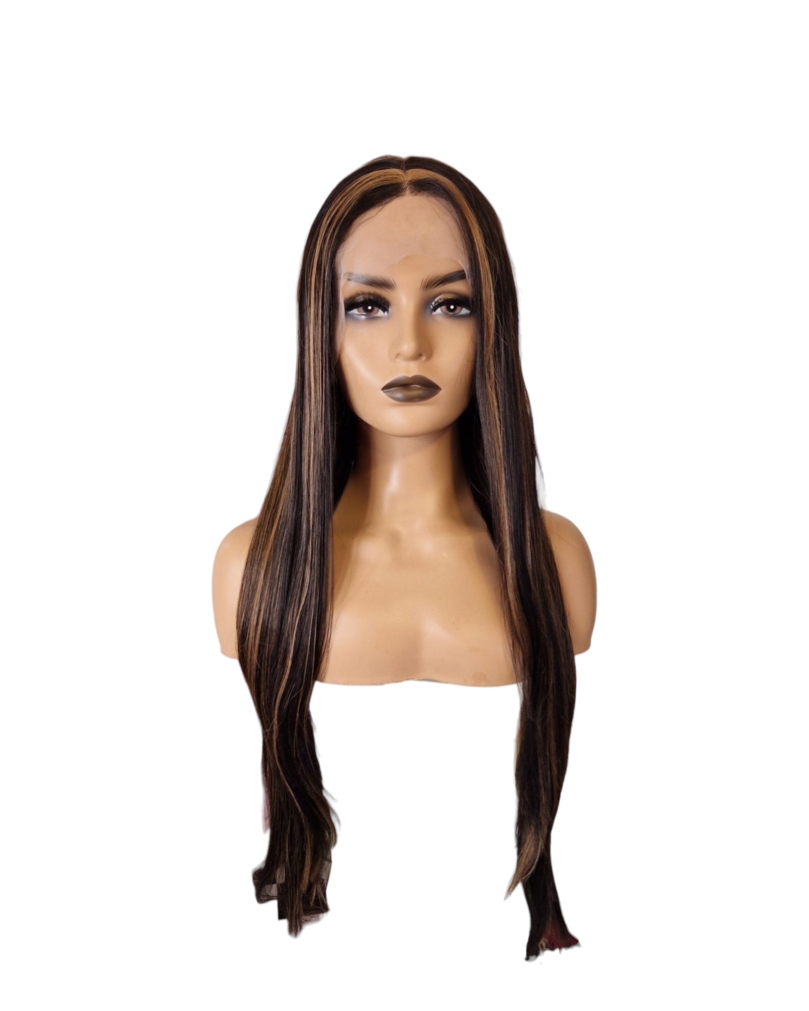 Brunette Streaked Lace Front Wig. Long Silky Straight T Part Wig. Ziva-CelebWigs