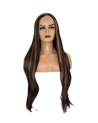 Brunette Streaked Lace Front Wig. Long Silky Straight T Part Wig. Ziva-CelebWigs