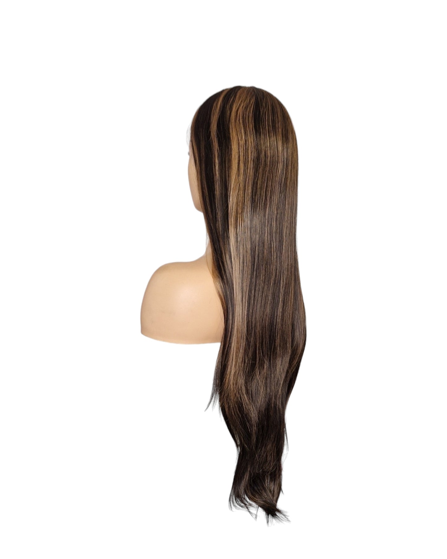 Brunette Streaked Lace Front Wig. Long Silky Straight T Part Wig. Ziva