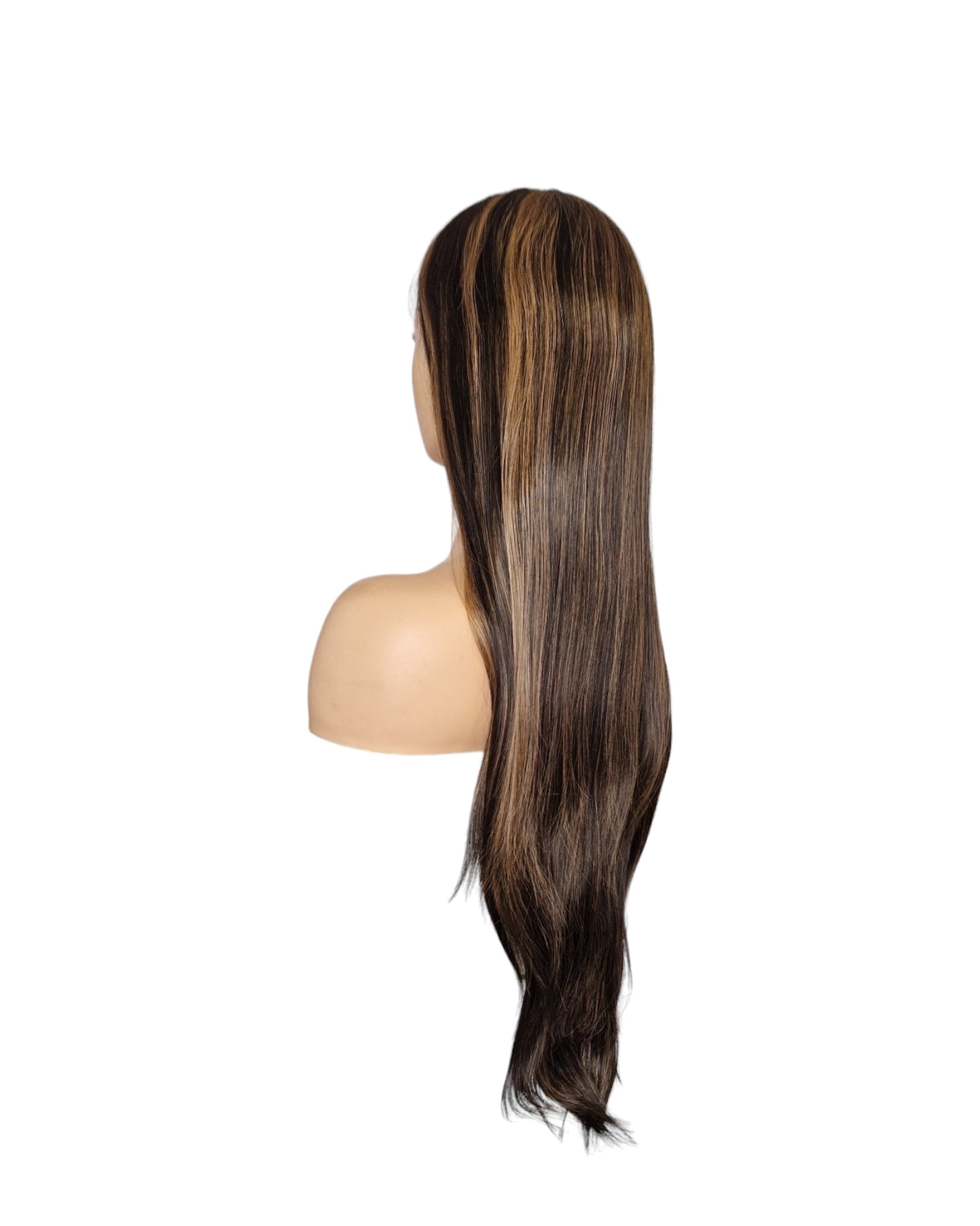 Brunette Streaked Lace Front Wig. Long Silky Straight T Part Wig. Ziva-CelebWigs