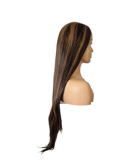 Brunette Streaked Lace Front Wig. Long Silky Straight T Part Wig. Ziva-CelebWigs