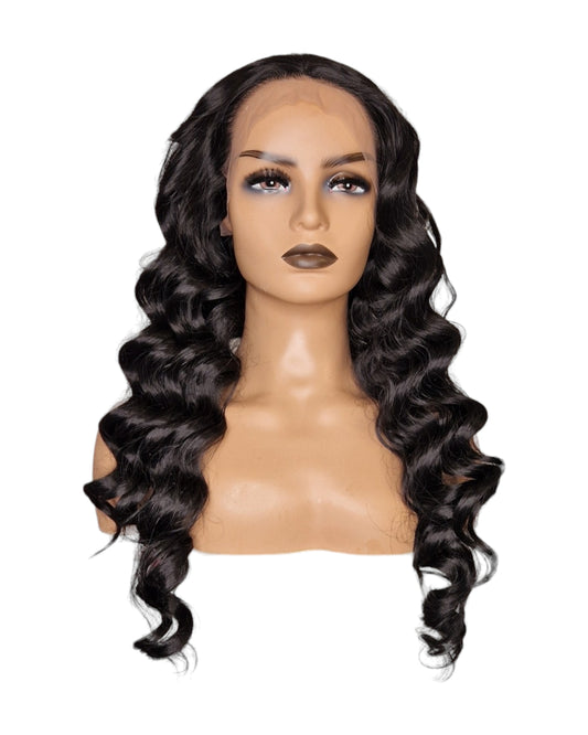 Black Wavy Curl Middle Part Lace Front Wig.  Vada