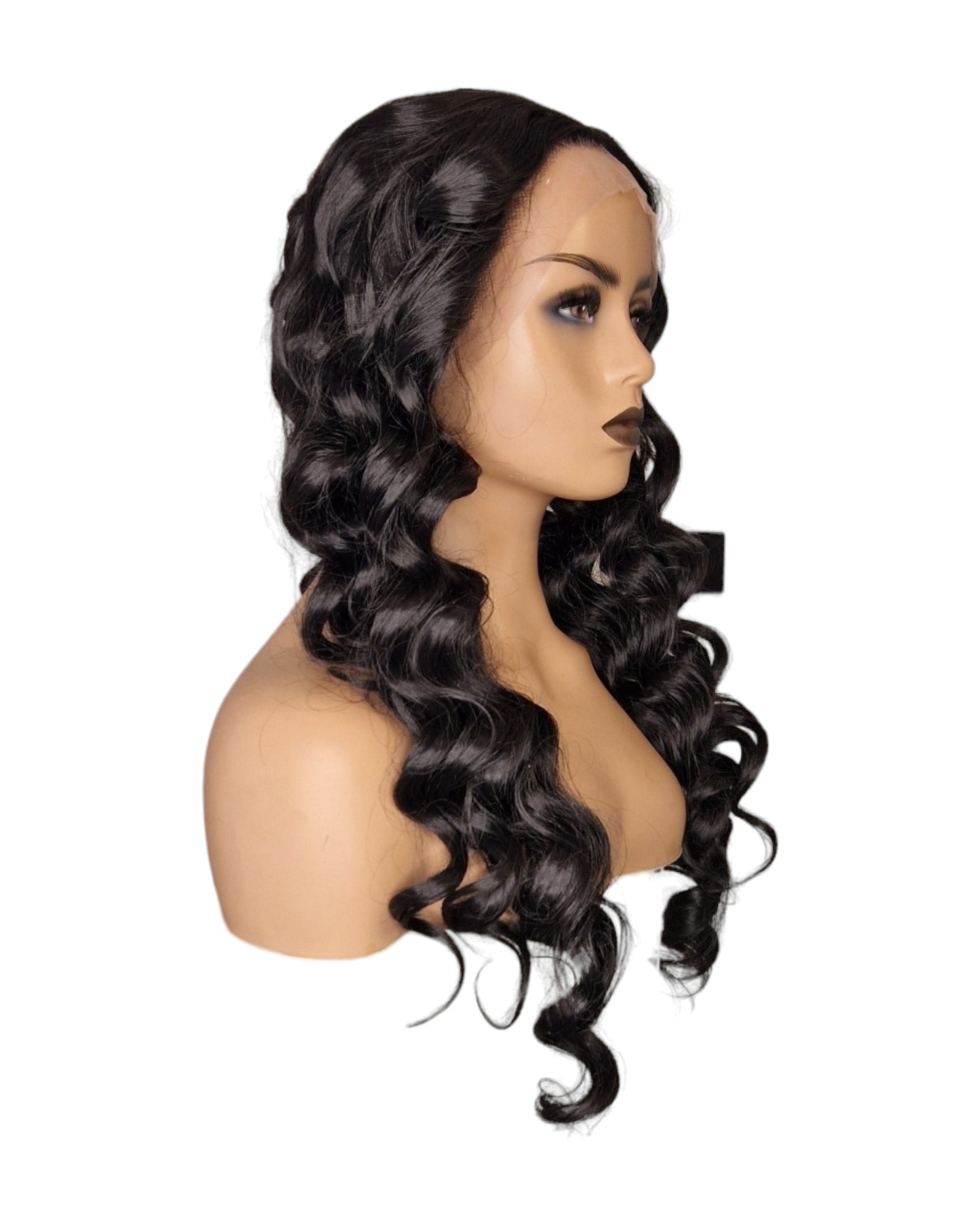 Black Wavy Curl Middle Part Lace Front Wig.  Vada