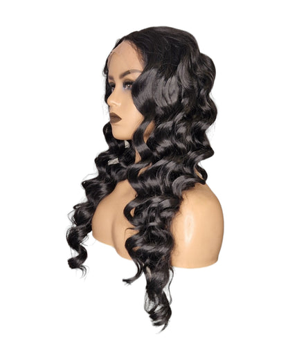 Black Wavy Curl Middle Part Lace Front Wig. Vada-CelebWigs