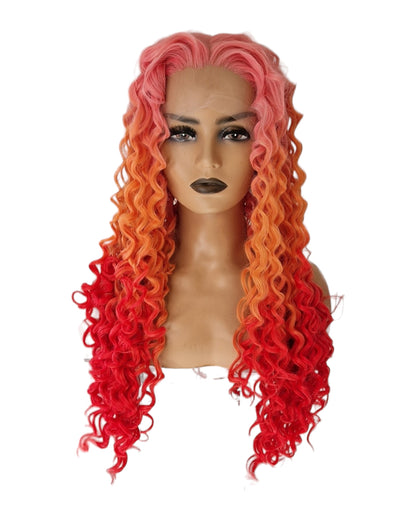 Pink Orange Red Curly Ombre Lace Front Wig. Teeza-CelebWigs