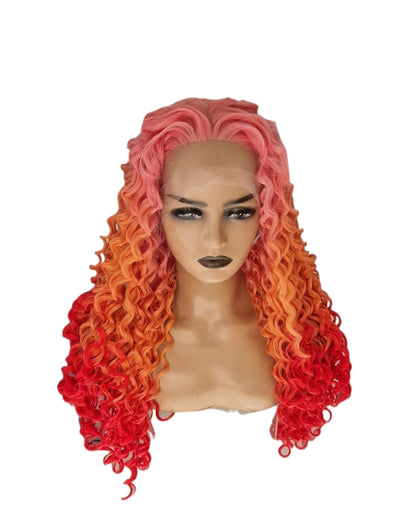 Pink Orange Red Curly Ombre Lace Front Wig. Teeza-CelebWigs