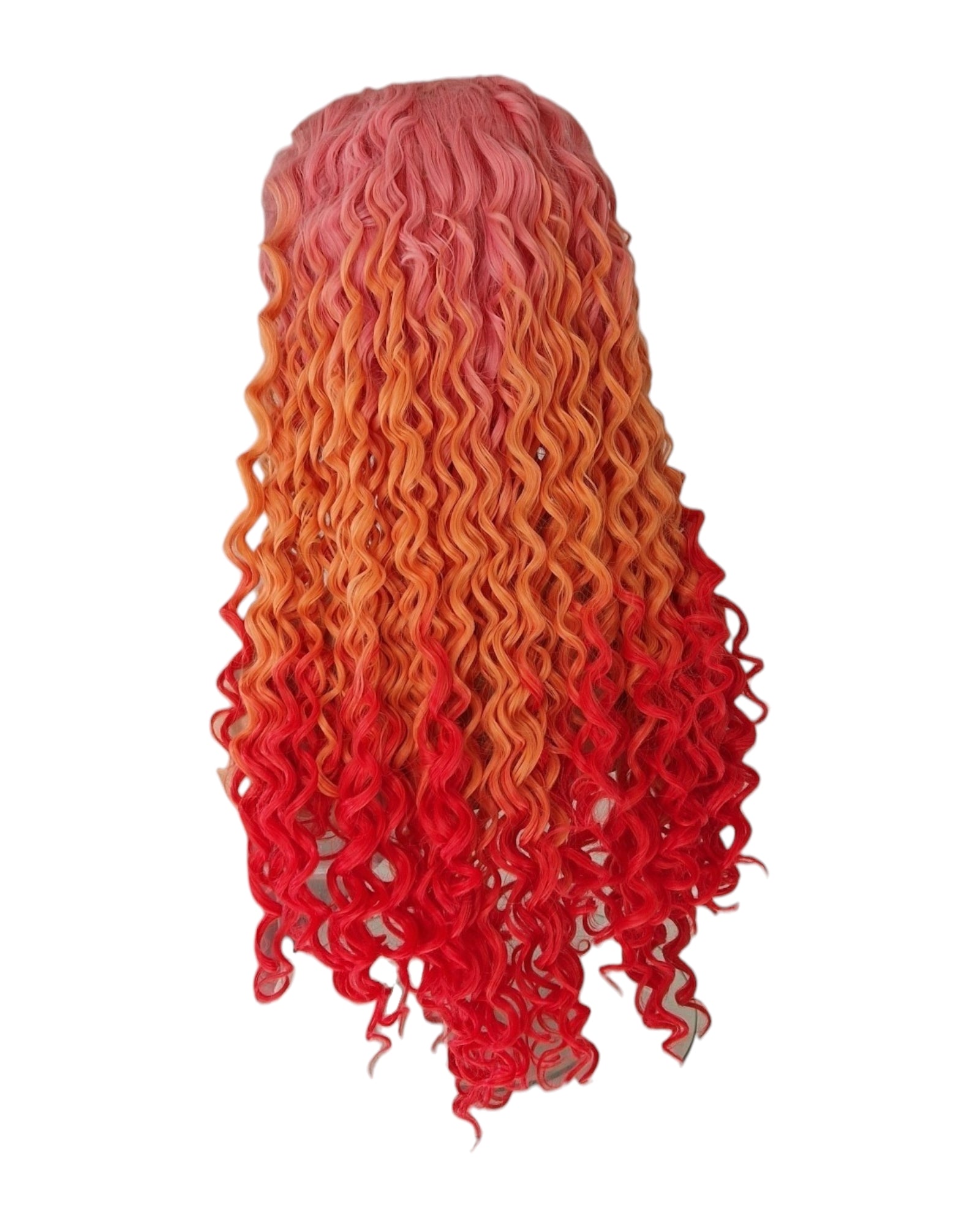 Pink Orange Red Curly Ombre Lace Front Wig. Teeza-CelebWigs