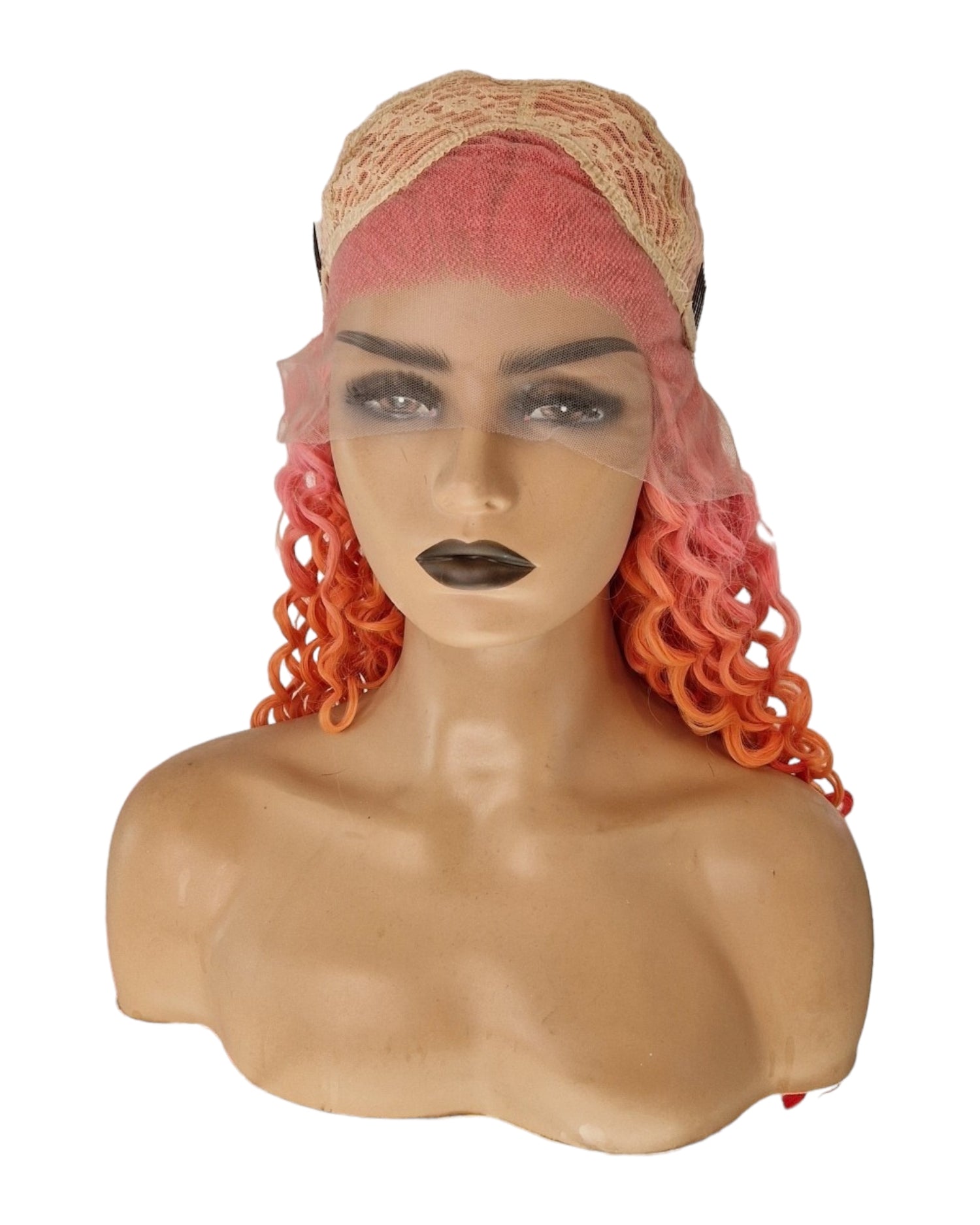 Pink Orange Red Curly Ombre Lace Front Wig. Teeza-CelebWigs