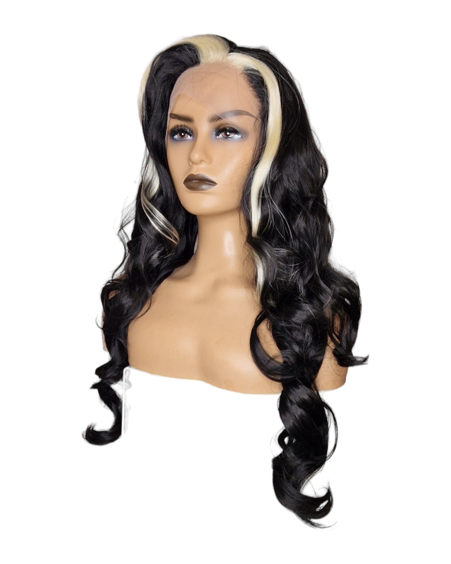 Blonde Streaked Bangs Black Wavy Lace Front Wig. Visage-CelebWigs