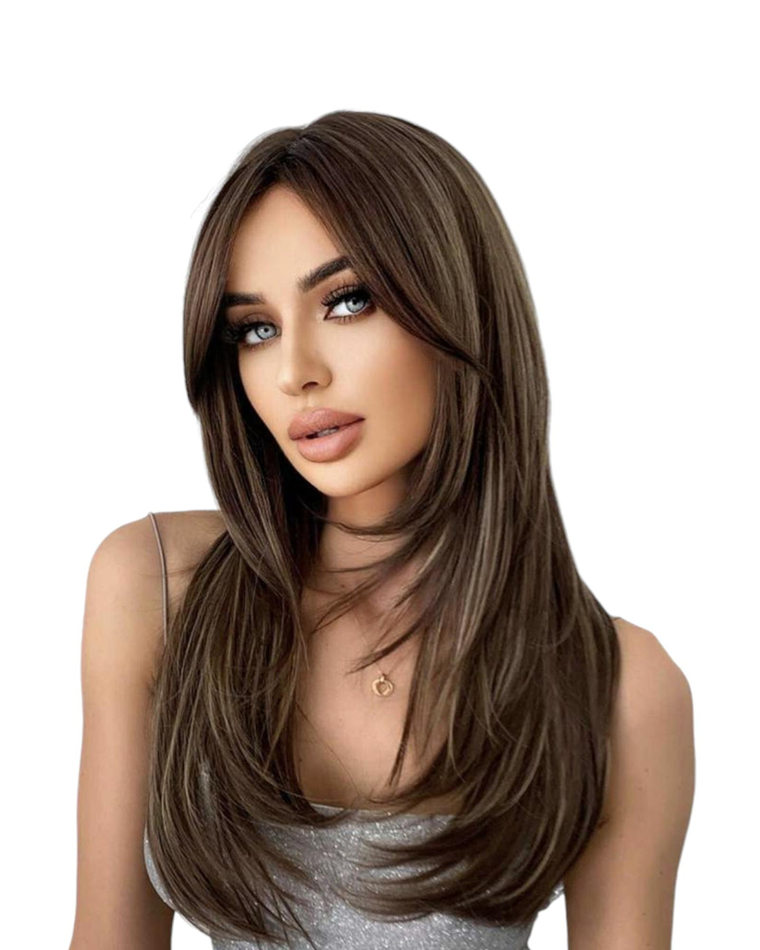 Dark Brown Straight Layered Long Fringe Bangs Wig. Ally