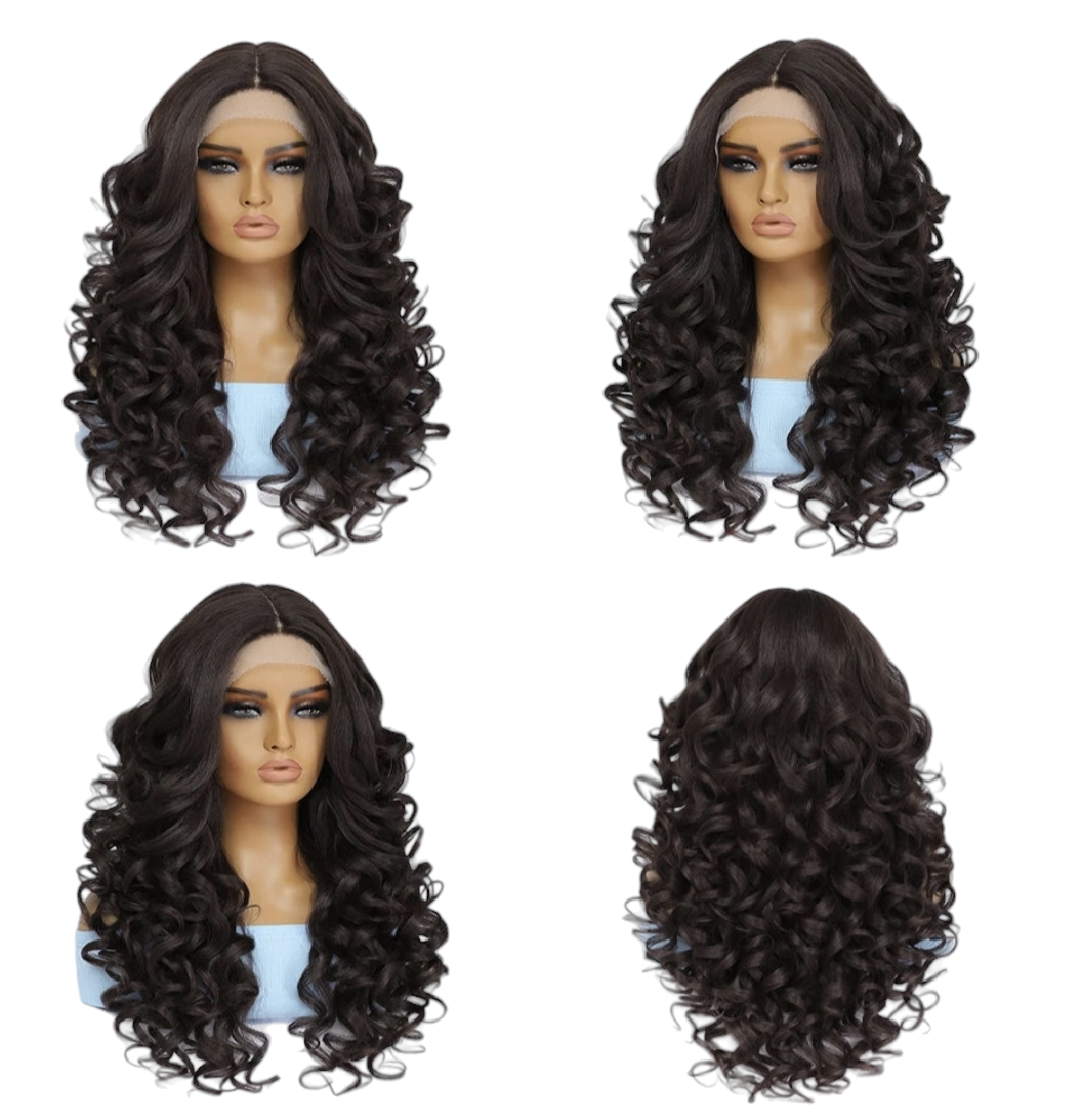 Curly Lace Front Wig. Middle Parting Dark Brown. Zena