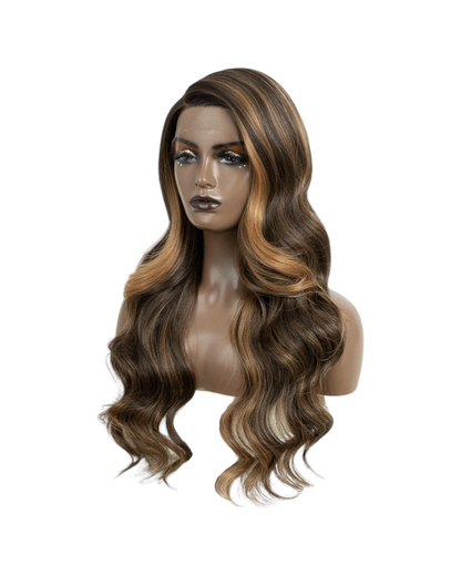 Streaked Caramel Brown Side Part Lace Wig. Zari