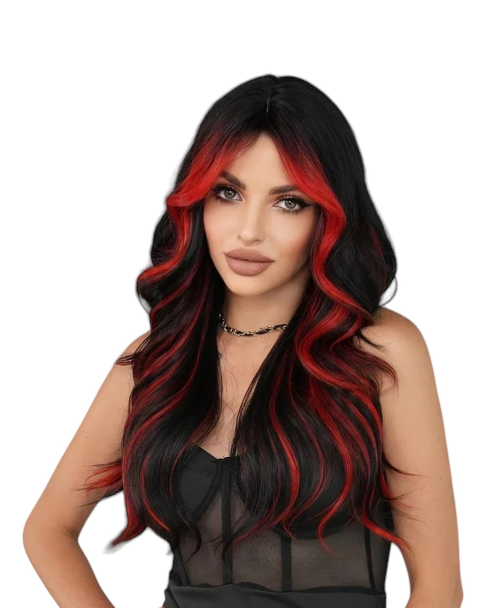 Streaked Red Black Wavy Wig. Rebel