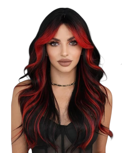 Streaked Red Black Wavy Wig. Rebel