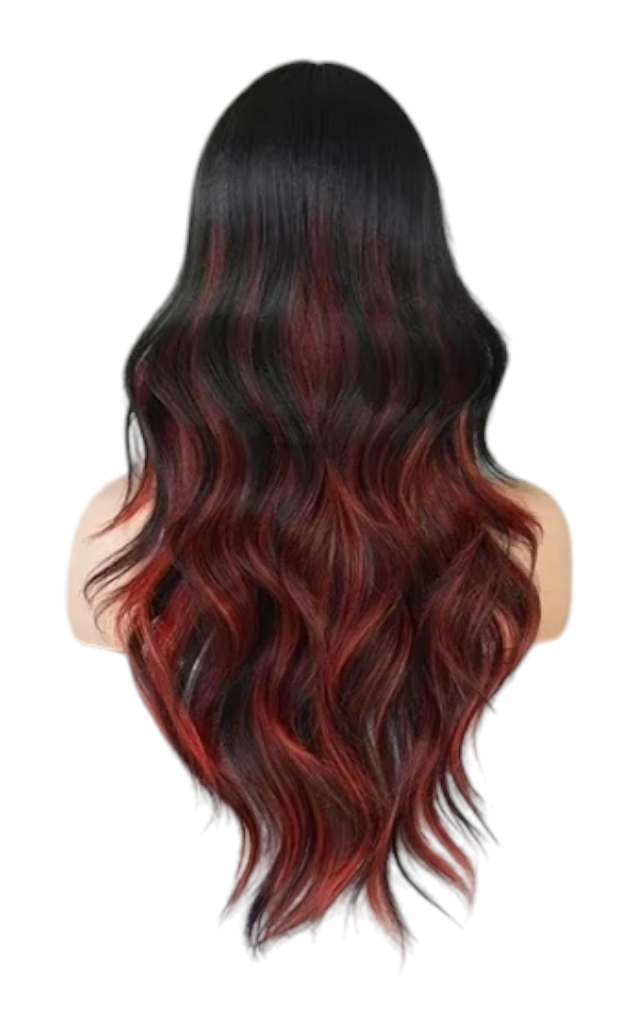 Streaked Red Black Wavy Wig. Rebel