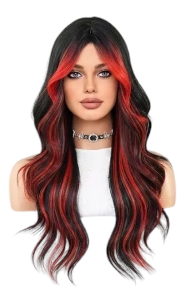 Streaked Red Black Wavy Wig. Rebel