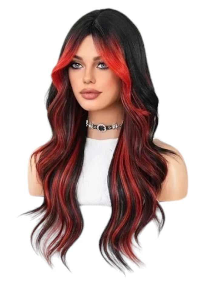 Streaked Red Black Wavy Wig. Rebel