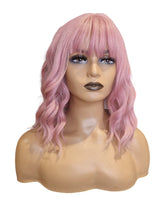 Wavy Pink Fashion Wig With Fringe Bangs. Sherry-CelebWigs