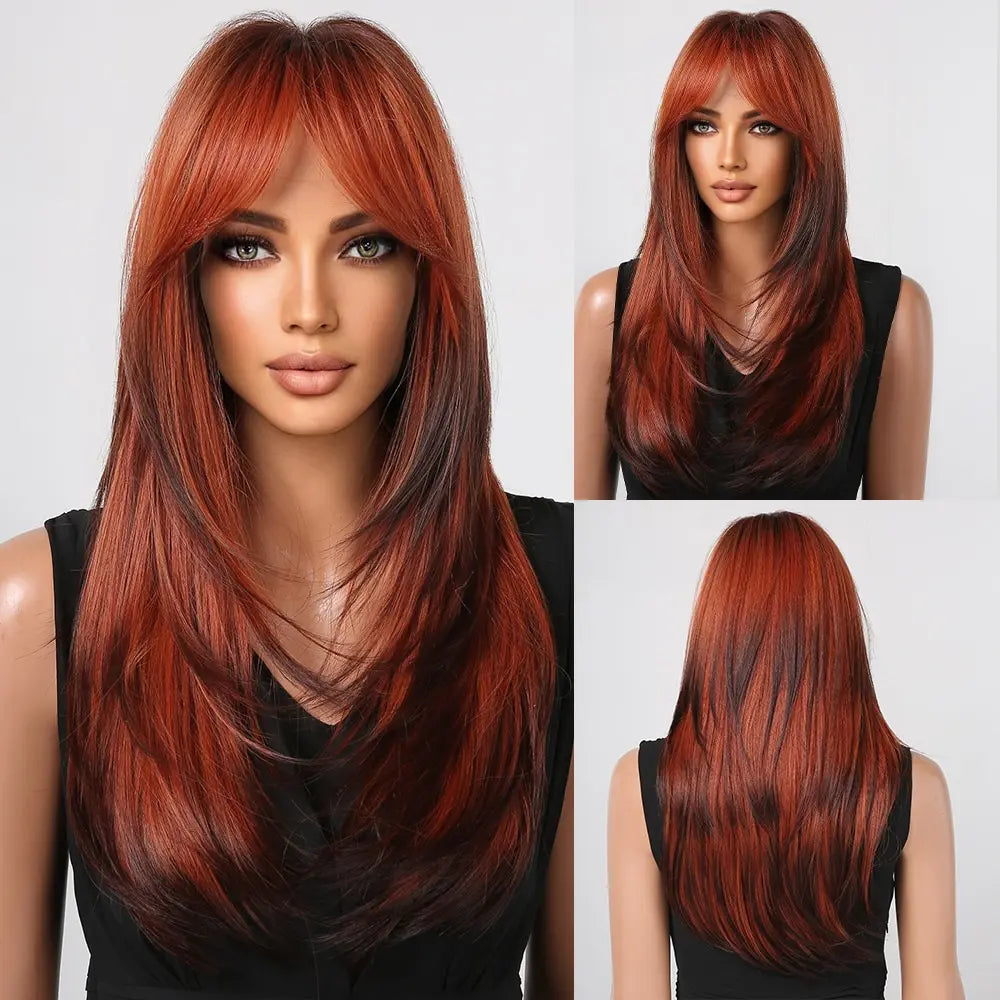 Auburn Ginger Straight Layered Long Fringe Bangs Wig