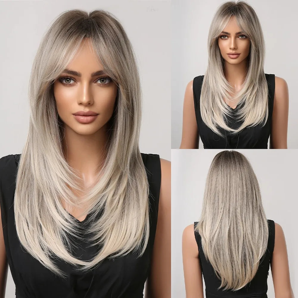 Rooted Blonde Layered Long Fringe Bangs Wig