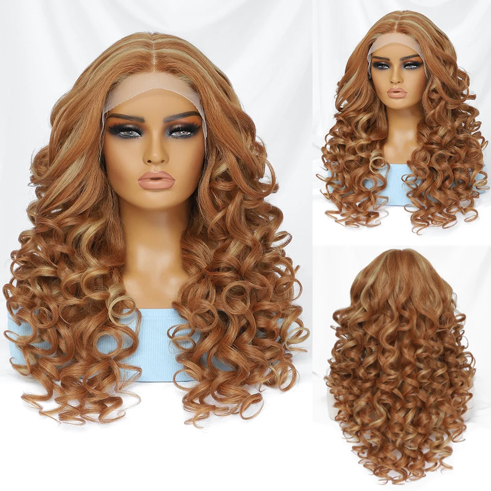 Curly Synthetic Lace Front Wig. Glueless T Part Lace Wig Streaked Blonde. Zena-CelebWigs