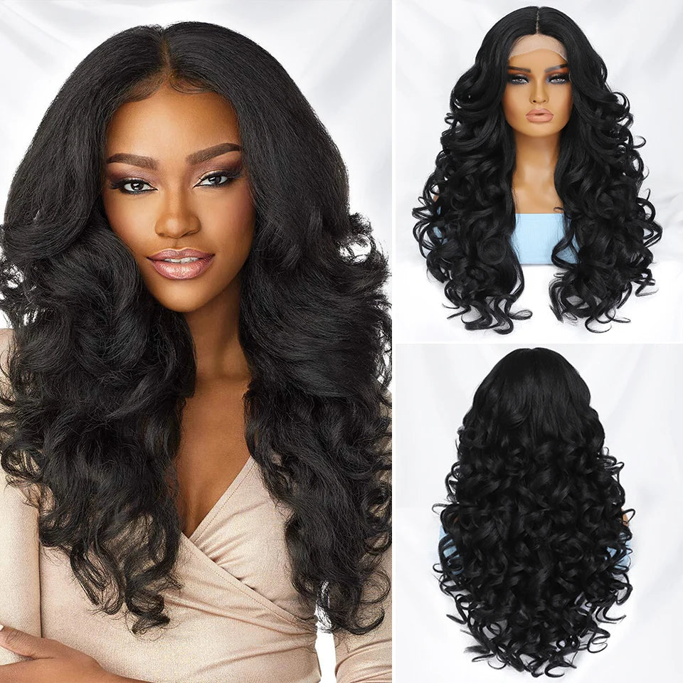 Curly Synthetic Lace Front Glueless T Part Lace Wig Black. Zena-CelebWigs