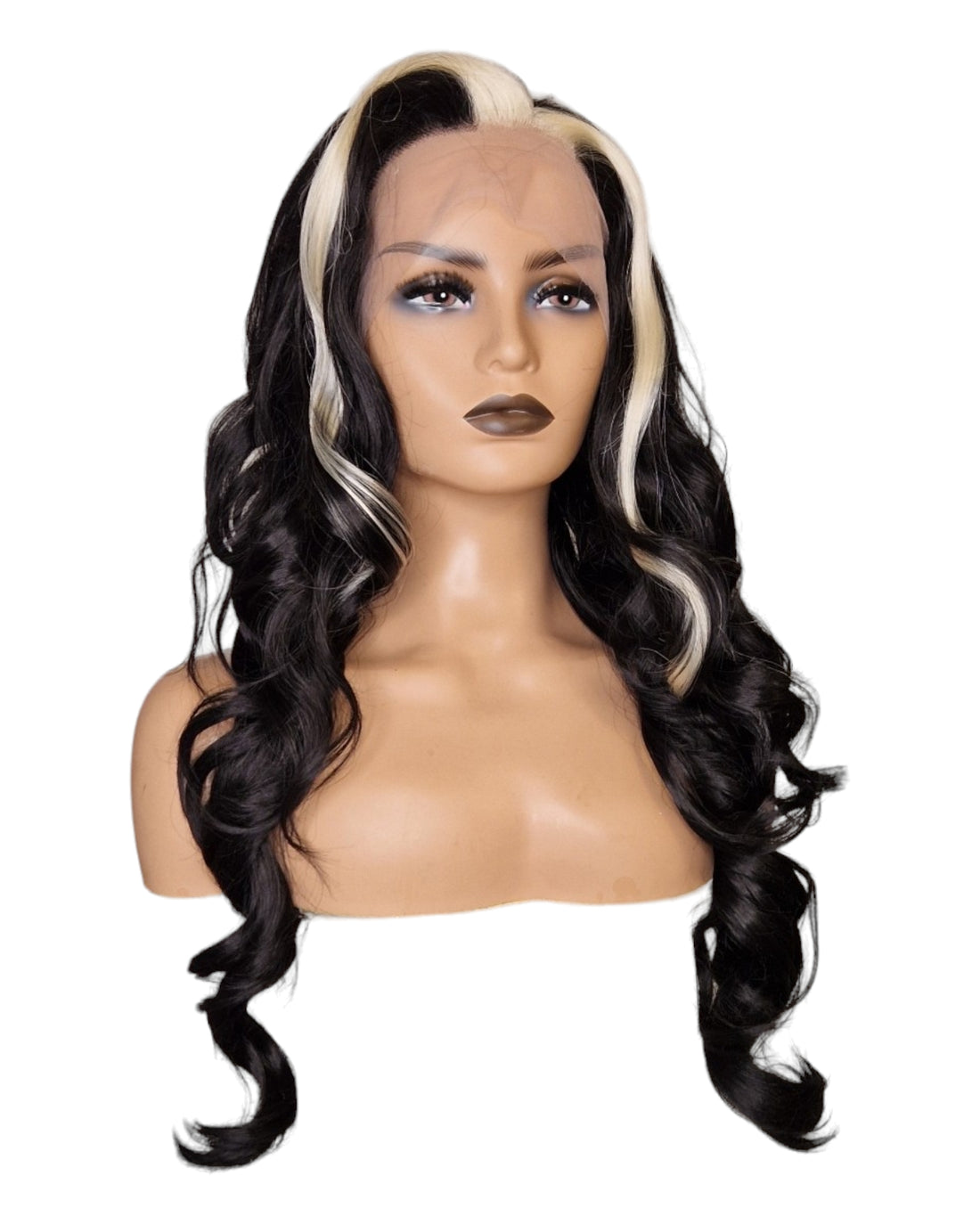 Blonde Streaked Bangs Black Wavy Lace Front Wig.  Visage